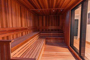 A wooden sauna with benches and a door.